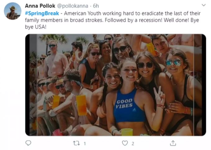 Auf Twitter machen zahlreiche Amerikaner ihrem Ärger über den Spring Break Luft. Dieser User schreibt: Die amerikanische Jugend arbeitet hart daran, ihre letzten Familienmitglieder massenweise auszurotten. Gefolgt von einer Rezession! Gut gemacht! Tschüss USA! spring break