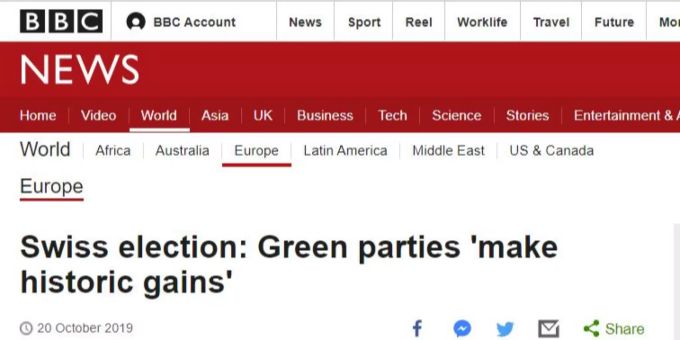 Die BBC titelt: «Schweizer Wahlen: Grüne Parteien ‹machen historische Gewinne›». BBC Wahlen Schweiz
