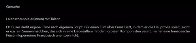 Buser sucht ein Sennenmädchen und eine französische Fürstin für einen Dreh nach eigenem Script.