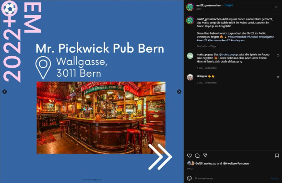 Der Instagram-Account «EM Grossmachen» fordert Bars und Clubs auf, die Spiele der Frauen-EM zu zeigen, so wie etwa das Mr. Pickwick Pub in Bern.