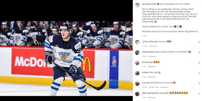 Der 24-jährige finnische Nationalspieler Arttu Ruotsalainen spielt in der kommenden Saison für den EHC Kloten. Arrtu Ruotsalainen EHC Kloten