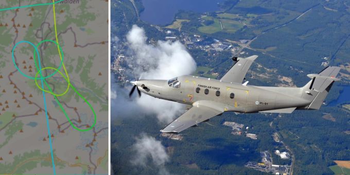 Eine Pilatus PC-12 NG der finnischen Luftwaffe (rechts) und die Flugstrecke beim Titlis (links). Penis PC-12 finnische Luftwaffe