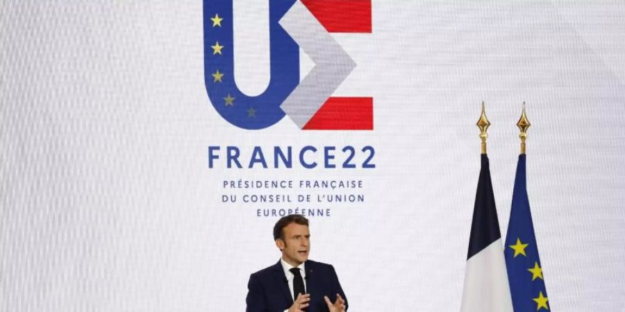 Emmanuel Macron während einer Pressekonferenz zur Übernahme der EU-Ratspräsidentschaft durch Frankreich. Foto: Ludovic Marin/AFP POOL/AP/dpa