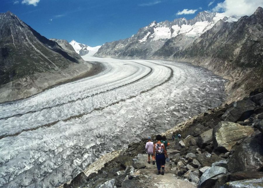 Wanderer auf dem Grossen Aletschgletscher, aufgenommen am 7. Juli 1997.