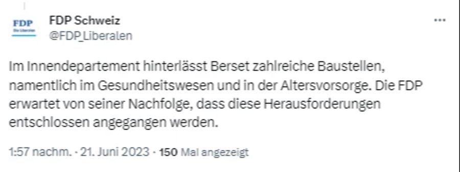 Die FDP kommuniziert auf Twitter ihre Forderungen für Alain Bersets Nachfolge.