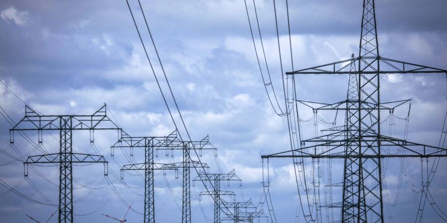 Mehrere Leitungen für die Übertragung von Strom. Im Hintergrund sind Windräder erkennbar.