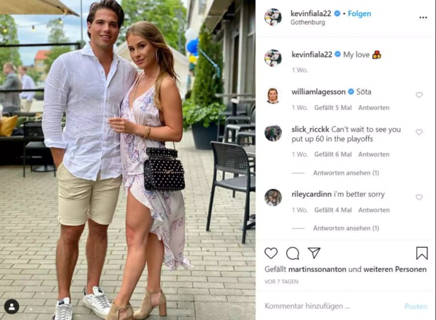 Der Schweizer Eishockey-Star Kevin Fiala mit seiner Freundin Jessica Ljung.