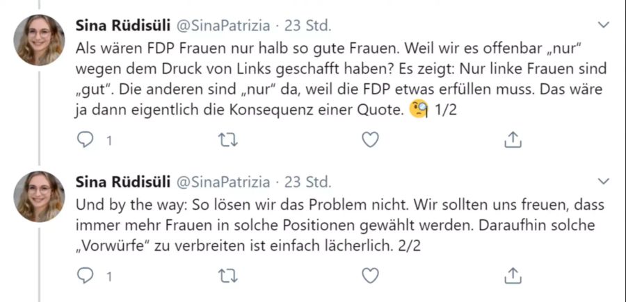 Sina Rüdisüli von der FDP Kanton Zürich rechtfertigt ihr Statement bezüglich der Frauenquote.