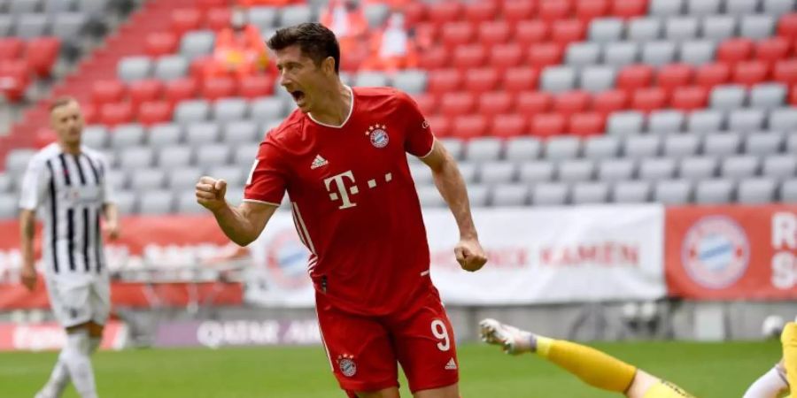 Hatte diese Saison sehr oft Grund zum Torjubel: Bayern-Torjäger Robert Lewandowski. Foto: Sven Hoppe/dpa-Pool/dpa