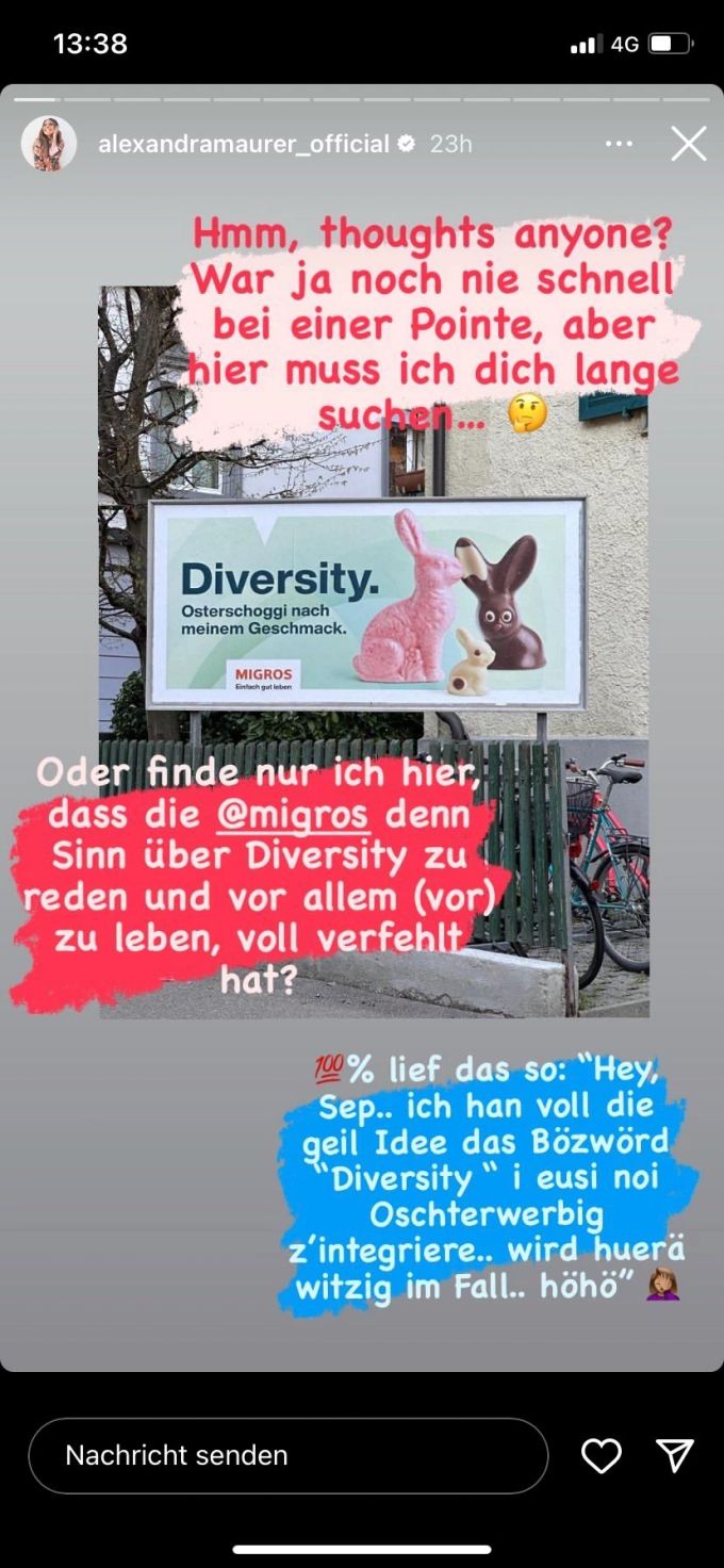 Alexandra Maurer hat wenig Verständnis dafür, dass die Migros mit Schoko-Osterhasen für Diversity wirbt. Migros