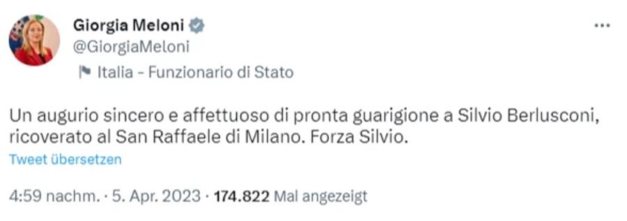 Premierministerin Giorgia Meloni richtet Genesungswünsche an Silvio Berlusconi.