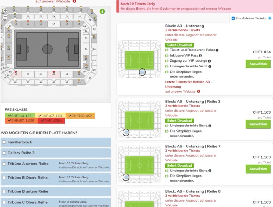 Auf Viagogo kosten die «besten» Plätze im Sektor A über 1000 Franken – pro Billet.