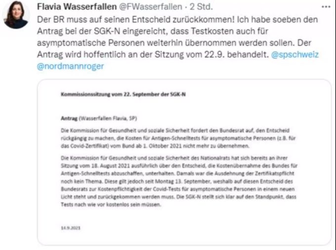 Die Berner SP-Politikerin Flavia Wasserfallen stellte ihren Antrag für kostenlose Tests auf Twitter. Flavia Wasserfallen Gratistests Coronavirus
