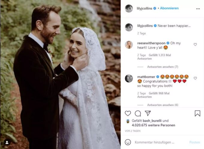 Lily Collins sei noch nie glücklicher gewesen. Lily Collins Hochzeit