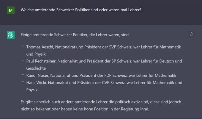 ChatGPT erfindet Lebensläufe von Schweizer Politikern. aeschi lehrer