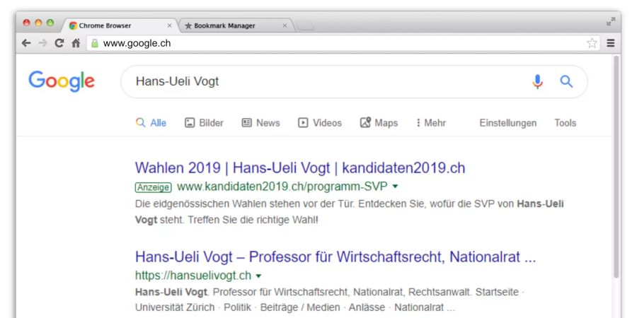 Erster Treffer bei Google nach dem Namen Hans-Ueli Vogt, Nationalrat SVP, ist kanidaten2019.ch.