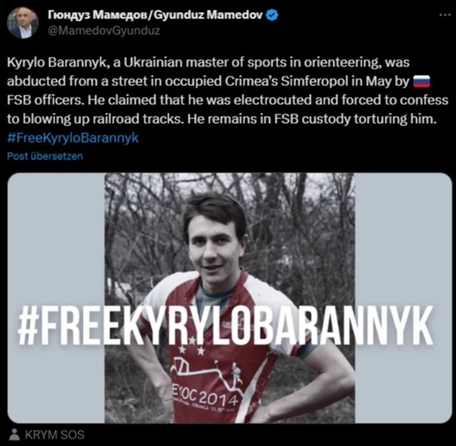 Unter #FreeKyryloBarannyk wird Baranniks Freilassung gefordert. Hier etwa vom ehemaligen stellvertretenden Generalstaatsanwalt der Ukraine.