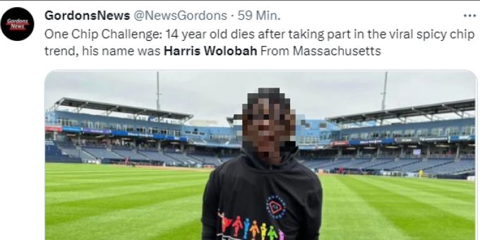 Der 14-jährige Harris Wolobah starb, nachdem er den schärfsten Chip der Welt gegessen hatte. Harris Wolobah