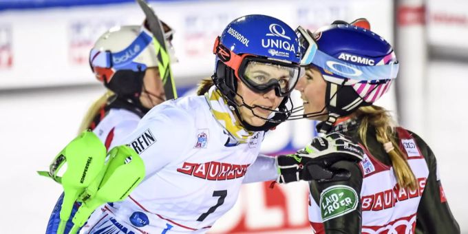 Petra Vlhova und Mikaela Shiffrin beim Rennen im finnischen Levi. Mikaela Shiffrin