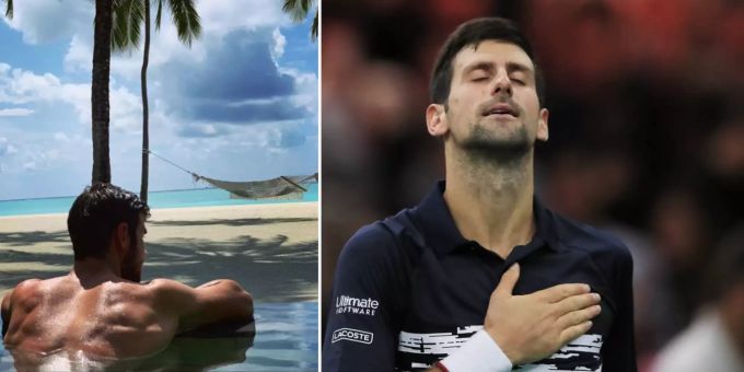 Links: Karen Khachanov am Strand. Rechts: Novak Djokovic. Karen Khachanov Novak Djokovic