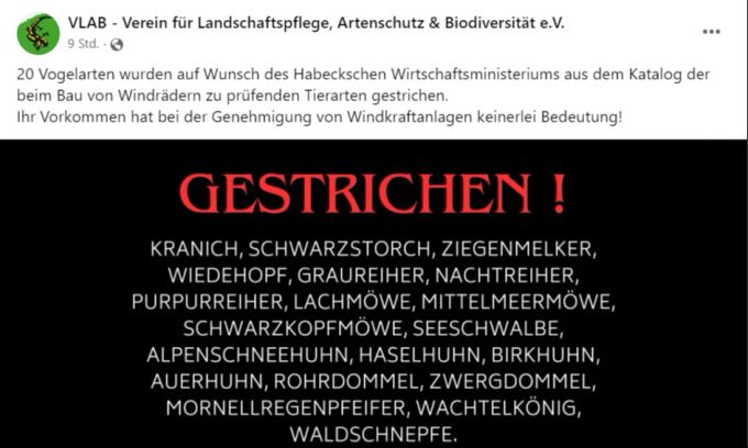 Der Verein VLAB beklagt sich in einem Post bitterlich darüber, dass offenbar Vizekanzler Robert Habeck (Grüne) kein Herz für Vögel hat. VLAB Windräder Vogelarten