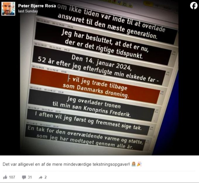 TV-Mitarbeiter Peter Bjerre Rosa veröffentlichte die überarbeitete Rede von Königin Margrethe. Königin Margrethe