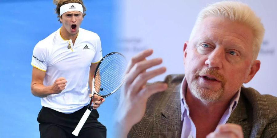 Alexander Zverev (l.) freut sich bei einem Spiel und Boris Becker (r.) spricht bei einer Pressekonferenz.