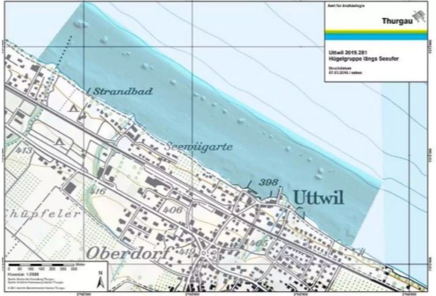 Lage der regelmässig verteilten Steinstrukturen im Bereich Uttwil.