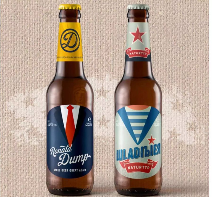 So sehen das «Ronald-Dump-Beer» und das «Wladibier» aus.