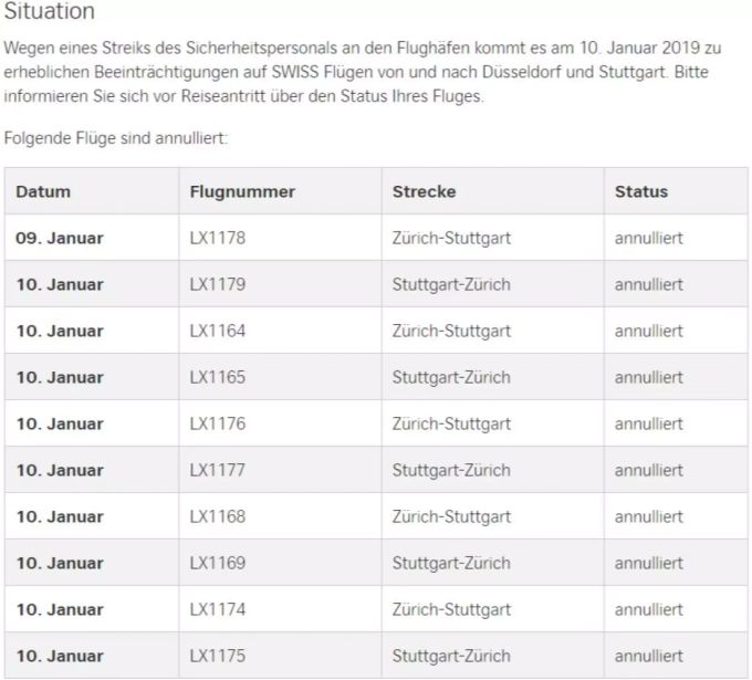 Dies sind nur einige der annullierten Flüge. Flughafen Zürich annuliert
