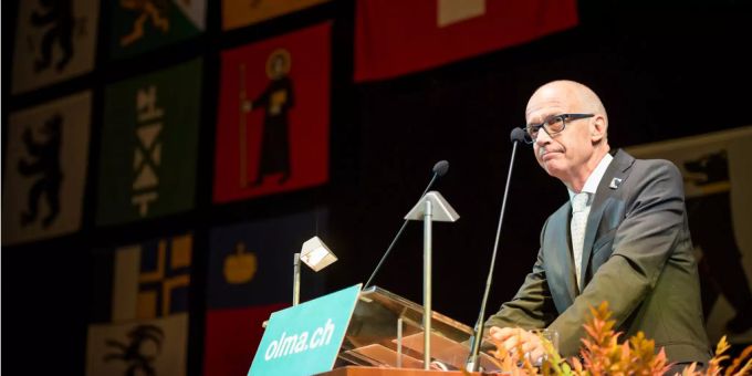 Thomas Scheitlin, der Stadtpräsident von Sankt Gallen spricht an der offiziellen Eröffnung der 72. OLMA Schweizer Messe für Landwirtschaft und Ernährung im Jahr 2014. Sankt Gallen Thomas Scheitlin