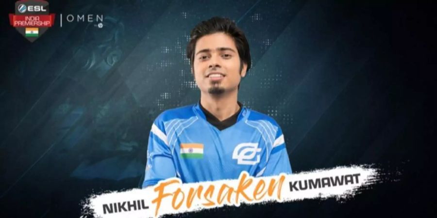 Nikhil «Forsaken» Kumawat ist in seinem Trikot auf schwarz grauem Hintergrund.