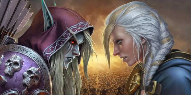 Eine bearbeitete Coverart von Battle For Azeroth für World of Warcraft. Jaina und Sylvanas starren sich vor einem Schlachtfeld an.