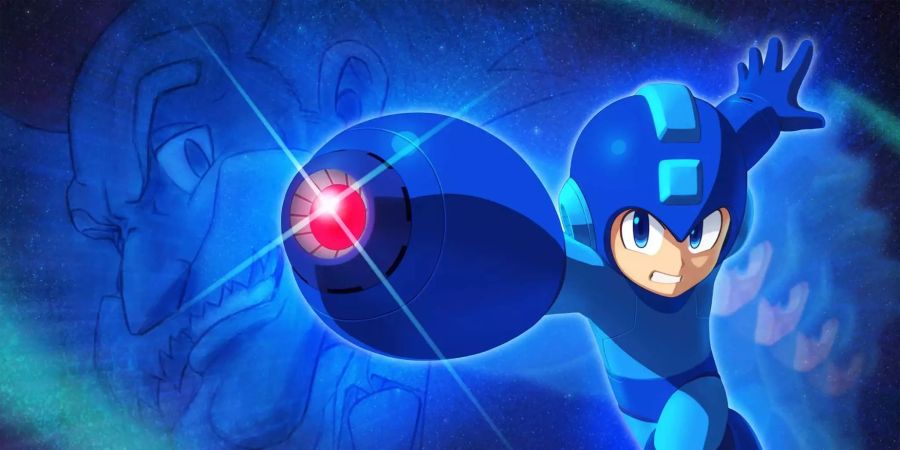 Mega Man richtet seinen Mega Buster auf den Betrachter des Bildes. Dr. Wily ist im Hintergrund zu erkennen.