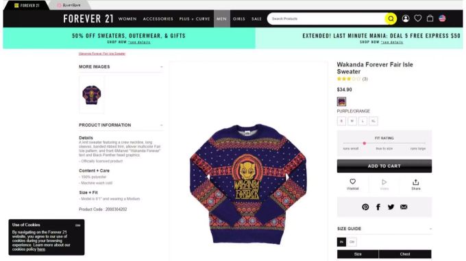 Der Pullover mit der Aufschrift «Wakanda Forever» lehnt an Superheldenfilm «Black Panther» an. Pullover der Modekette Forever 21.