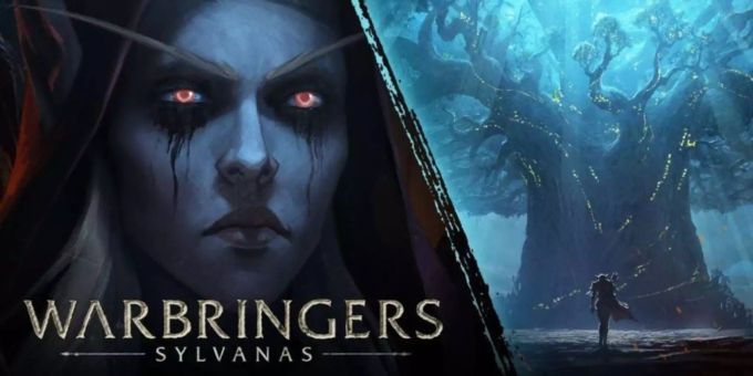 Das Thumbnail von Blizzards animiertem Kurzfilm: «Kriegsbringer Sylvanas» Sylvanas ist zu sehen, wie sie vor Teldrassil steht. Ihr Gesicht ist auch noch von Nahem zu sehen.