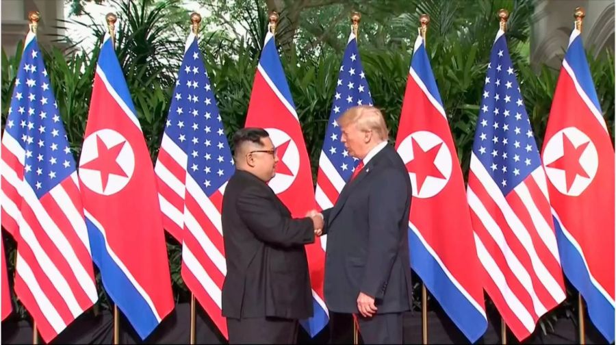 Donald Trump reicht Kim Jong Un die Hand.