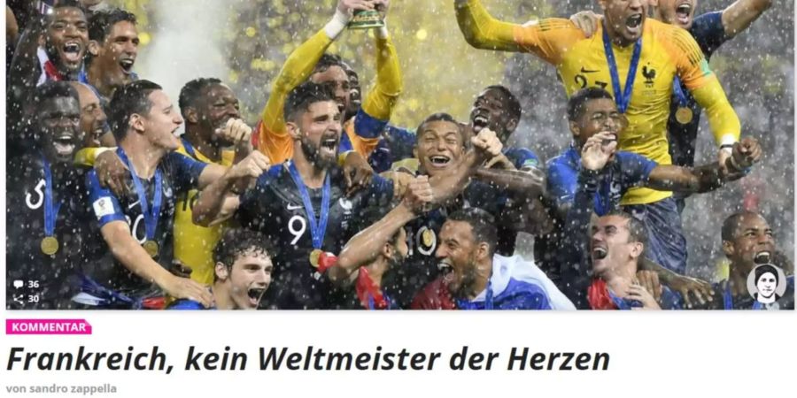 Das Schweizer Nachrichtenportal «Watson» bezeichnet Frankreich als «kein Weltmeister der Herzen sondern einer des Verstandes.» Trotz dieser Aussage ist der Autor des Artikels überzeugt, dass sich die Franzosen den Titel verdient haben.