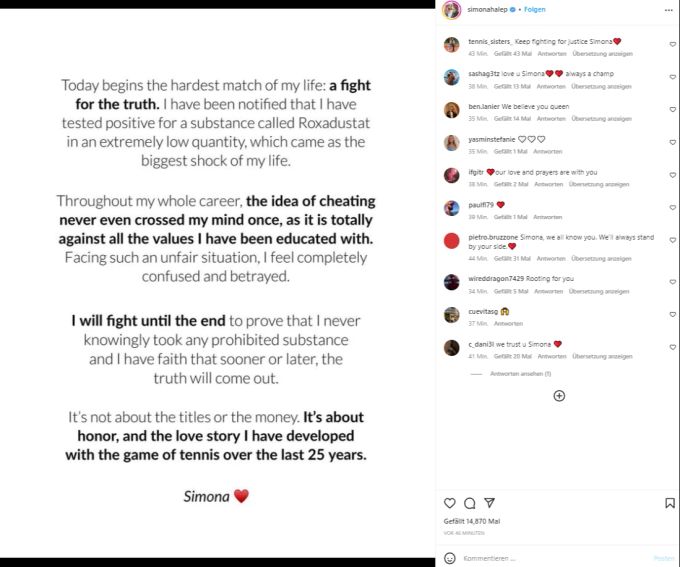 Auf Instagram beteuert Simona Halep ihre Unschuld. Simona Halep