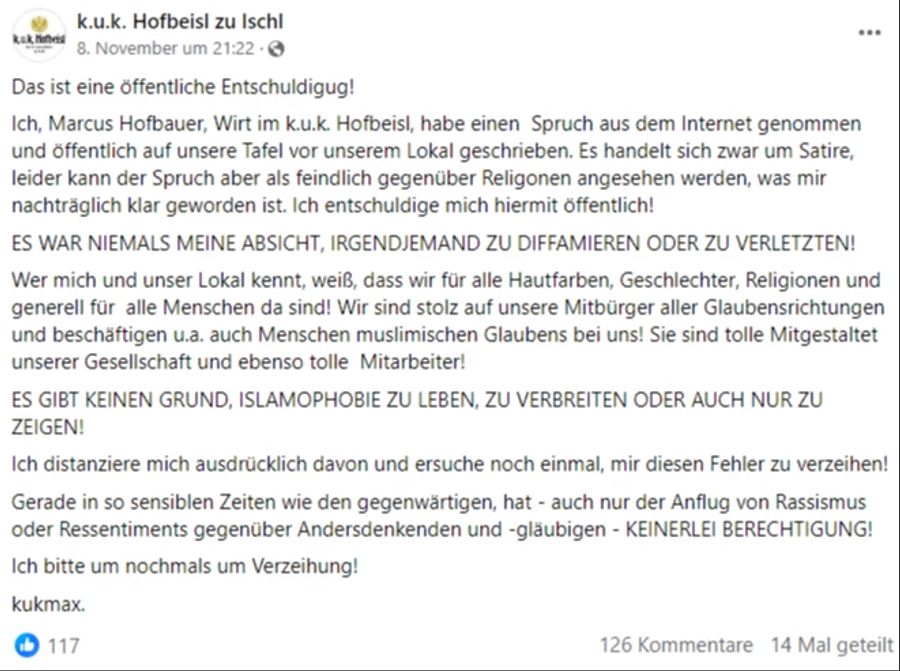 Nach der Kritikwelle für sein von vielen als muslimenfeindlich eingestuftes Schild hat sich der österreichische Wirt entschuldigt.