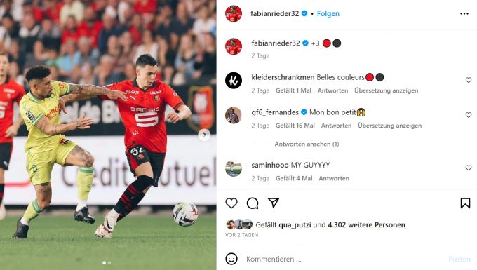 Fabian Rieder (rechts) im Einsatz für Rennes im Derby gegen Nantes. Fabian Rieder