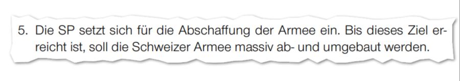 In ihrem aktuellen Parteiprogramm fordert die SP die Abschaffung der Armee. Für Holenstein sei diese Passage komplett aus der Zeit gefallen.