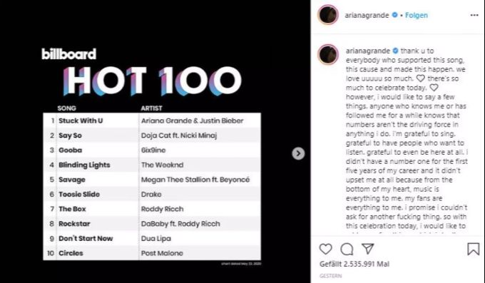 Ariana Grande wehrt sich in einem Instagram-Post gegen die Vorwürfe. ariana
