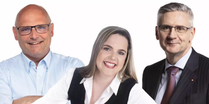 Alfred Heer (l.) Andreas Glarner und eventuell Martina Bircher kandidieren für das SVP-Präsidium. Heer Bircher Glarner SVP