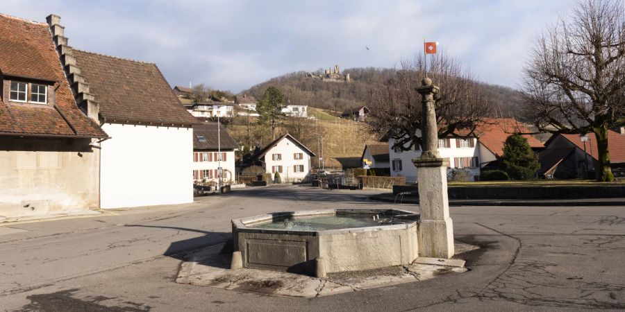 Der Dorfbrunnen in Thalheim im Schenkebergertal. Im Hintergrund die weitherum sichtbare Ruine Schenkenberg.