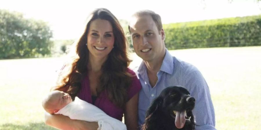 Prinz William und Herzogin Kate 2013 mit ihrem Sohn Prinz George umgeben von Retriever Tilly (l) und Cockerspaniel Lupo. Foto: Michael Middleton/PA Media/dpa