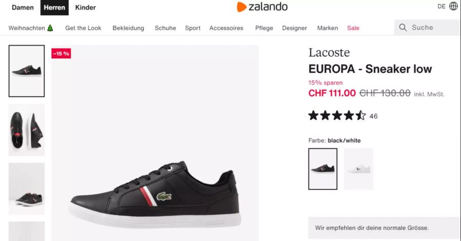 Der Lacoste Europa kostet bei Zalando zum Aktionspreis 111 Franken.