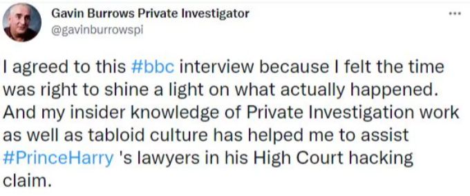 Auf Twitter teilte Gavin Burrows mit, dass sein Insider-Wissen den Anwälten von Prinz Harry in Gerichtsverhandlungen half. Prinz Harry