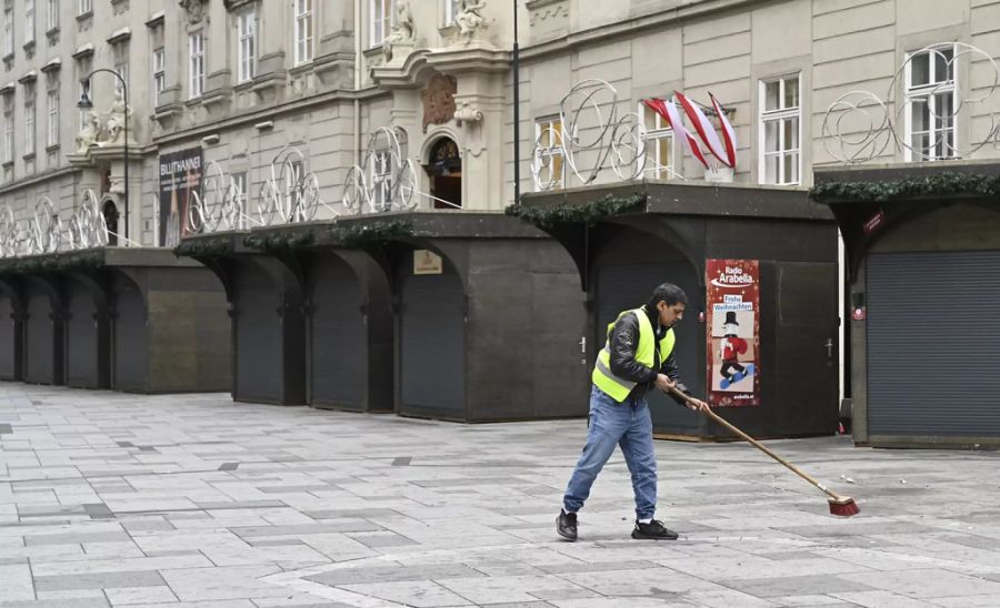 Ein Arbeiter reinigt eine Strasse in Wien.