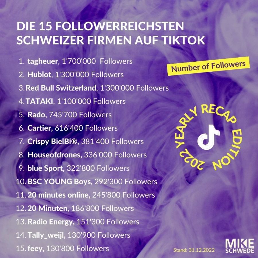 Die 15 followerreichsten Schweizer Business TikTok Accounts.